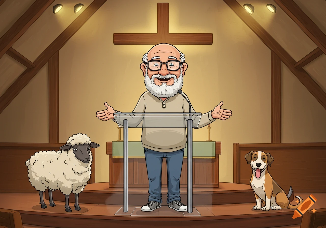 A cartoon pastor at a podium in a church with a sheep and a dog.