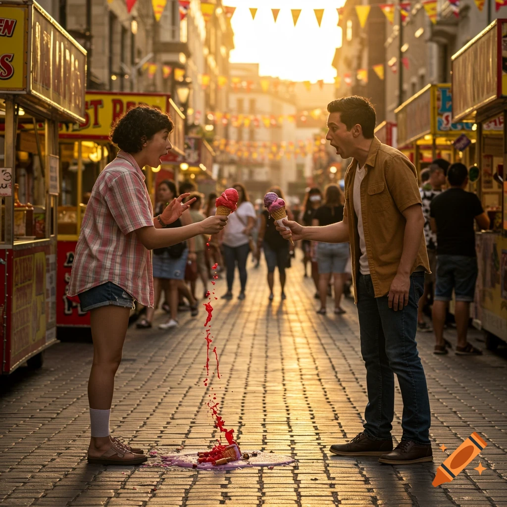 Two people on a street market look surprised as red ice cream drips to the ground from a dropped cone.