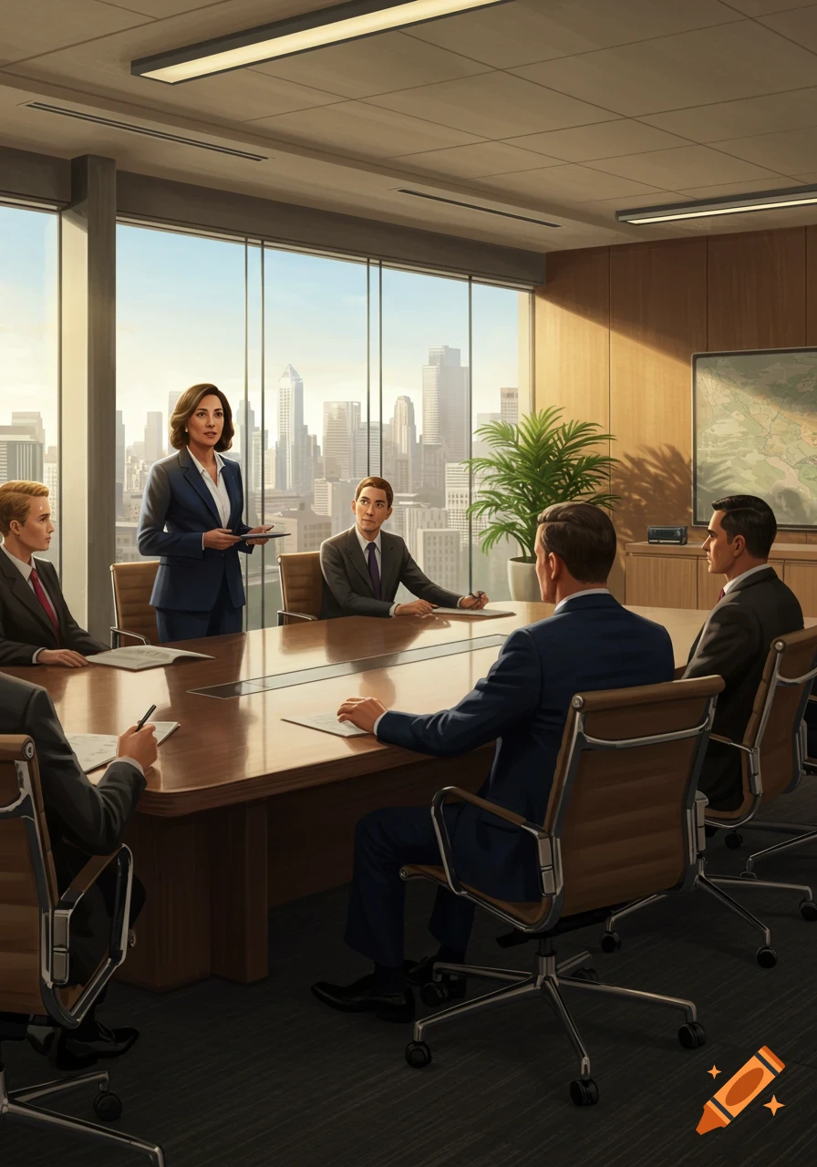 A woman in a suit presents to men around a conference table in a modern office with a city skyline view.
