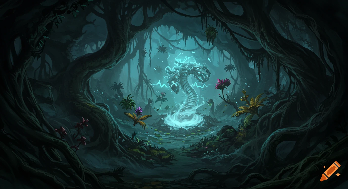 A glowing, multi-eyed mist serpent rises from a crater in a dark, surreal fantasy jungle cavern with twisted roots.