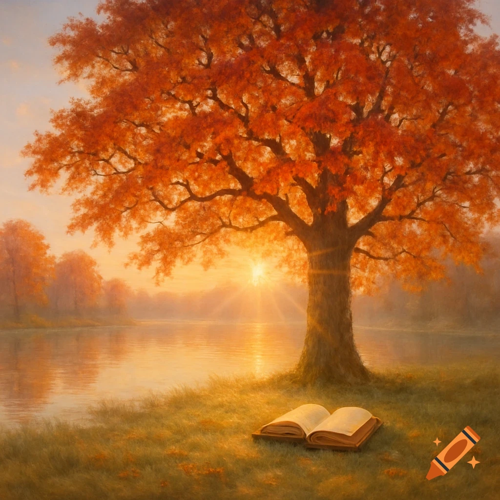 A large autumn tree with vibrant red and orange leaves stands beside a calm lake at sunset, with an open book on the grass.