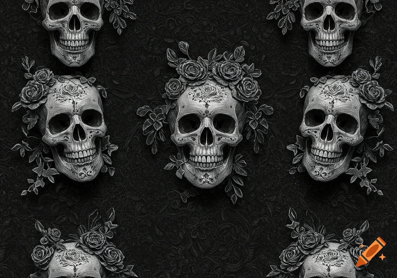 A seamless pattern of ornate white skulls with dark roses and leaves on a black lace background.