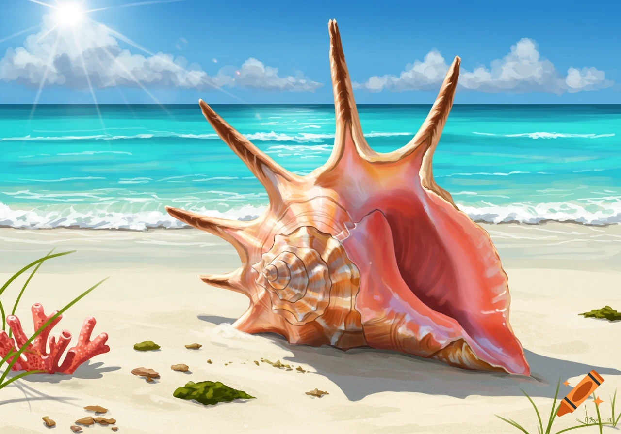 A vibrant illustration of a large pink and orange conch shell on a sunny sandy beach with clear turquoise ocean water.