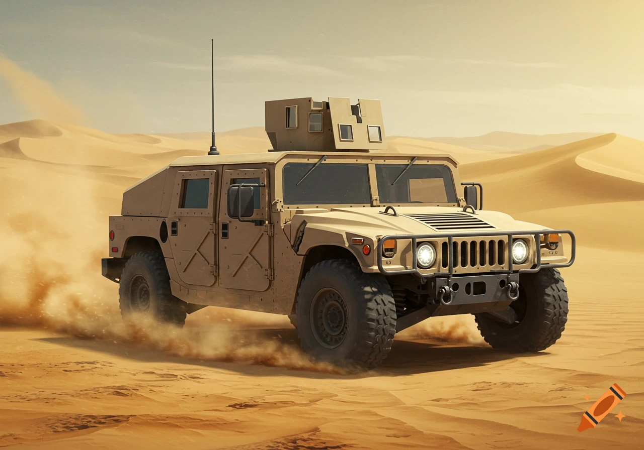 A tan Humvee drives through a sandy desert, kicking up dust, under a clear sky.