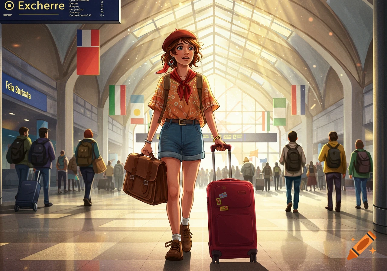 A young woman with a red beret and backpack walks through a sunny airport, pulling a red suitcase and carrying a brown satchel.