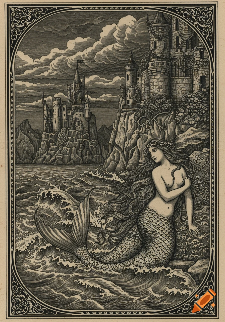 A medieval-style engraving of a mermaid with a floral wreath in the ocean near a rocky coast with castles.