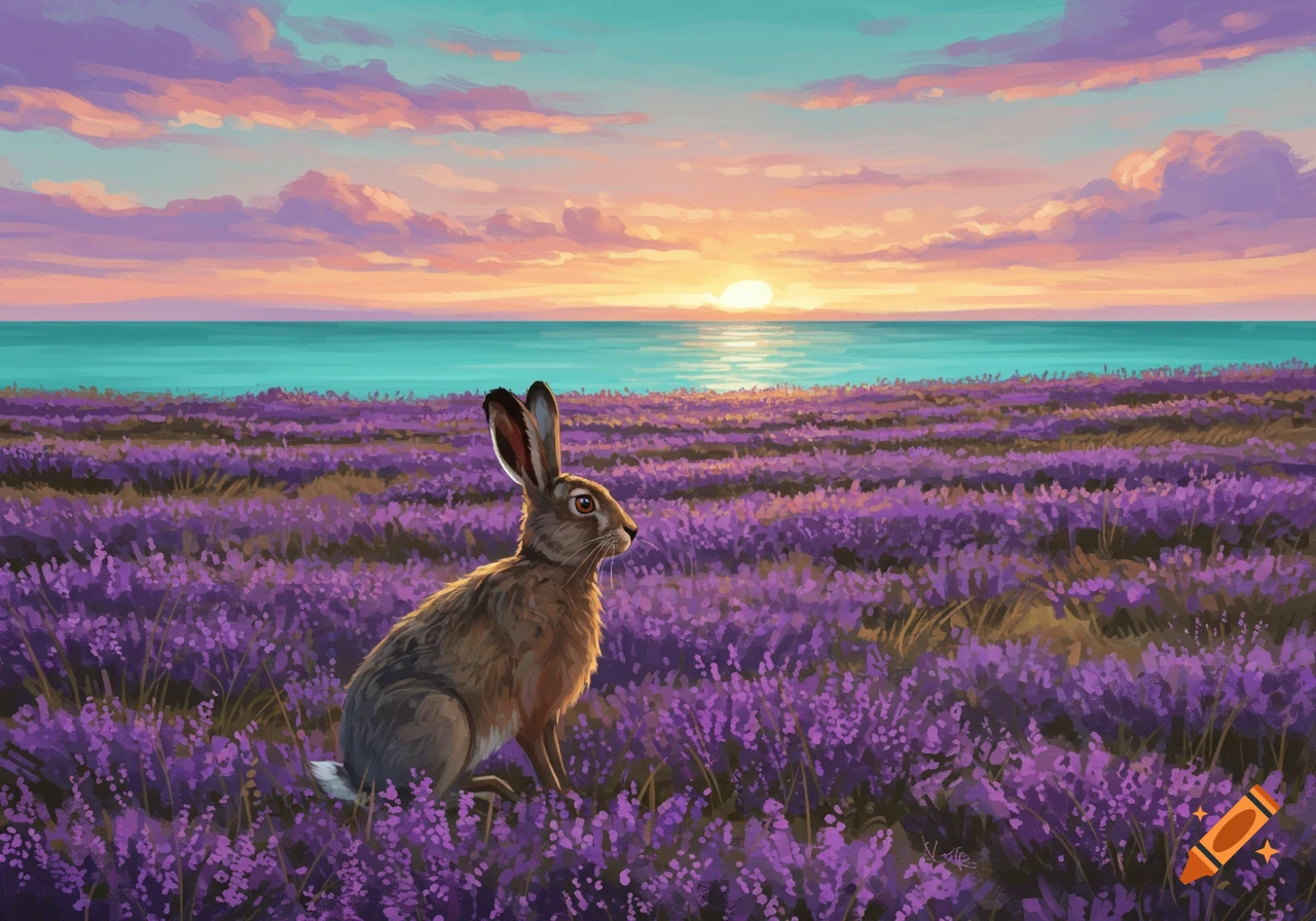A brown hare sits in a field of purple heather with a sunset over the sea in the background, digital painting.