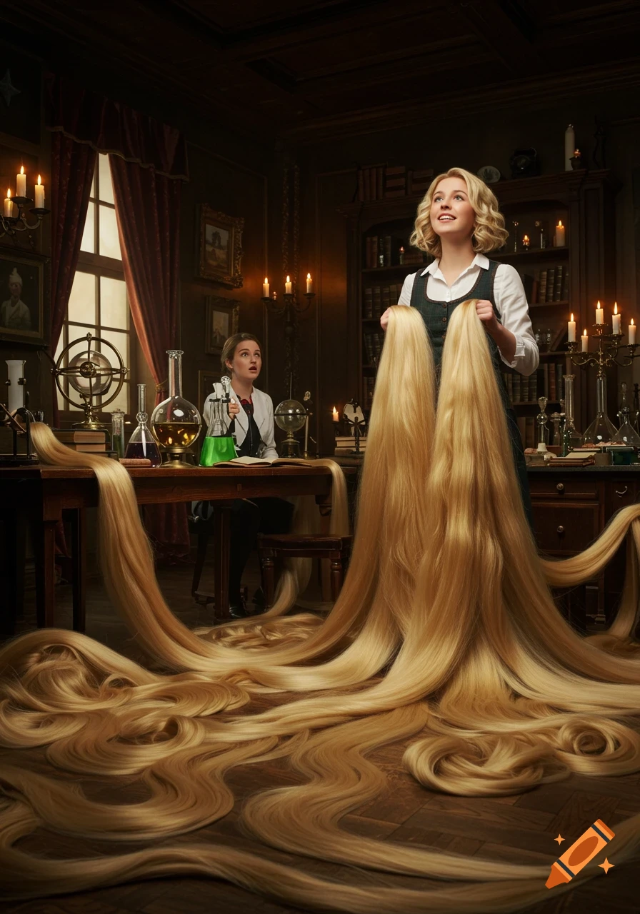 A photorealistic image of a woman in a dark, candlelit laboratory holding up two massive bundles of golden hair while her assistant looks on in awe.