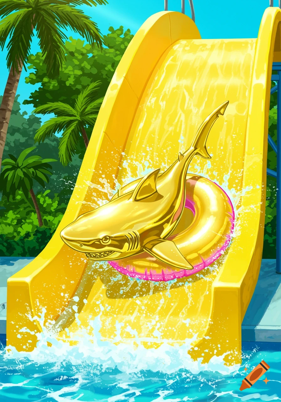 A golden shark on a pink and yellow floatie splashes down a yellow water slide at a vibrant, tropical water park. Stylized illustration.