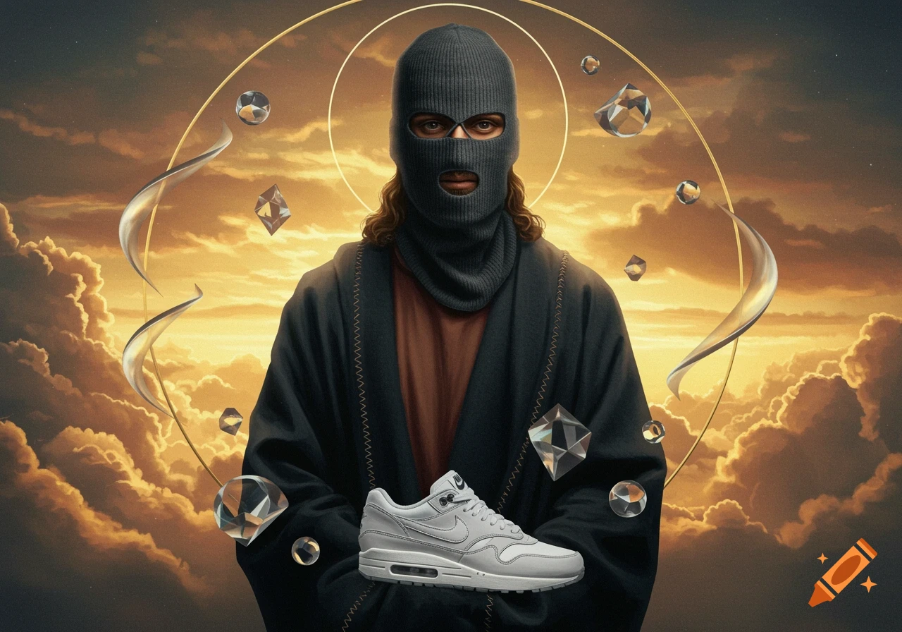 Jesus-like figure in balaclava and dark robe holding a white Nike shoe, against a golden sky with clouds, diamonds, and halo.