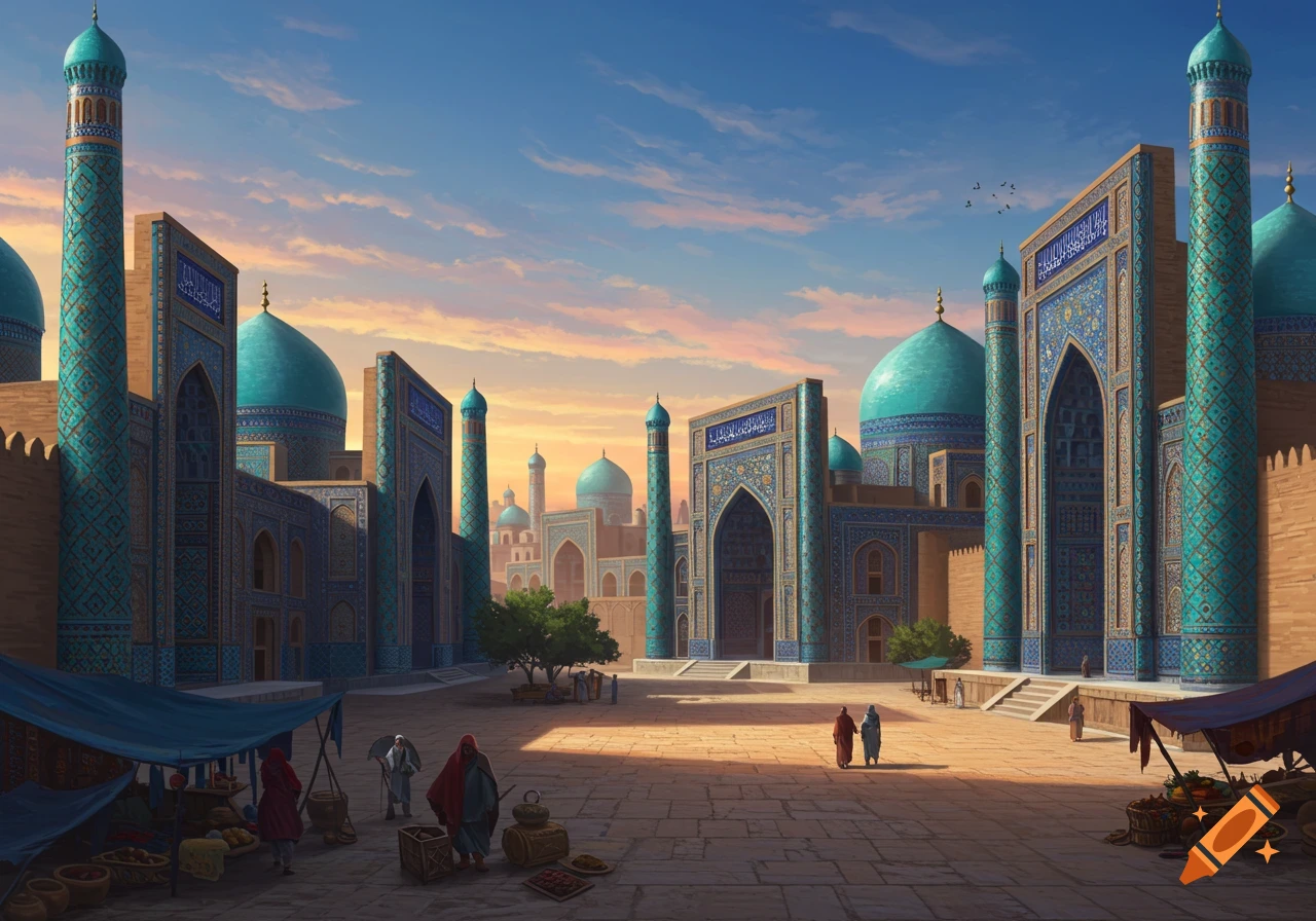 A vibrant ancient Central Asian city square with teal-tiled mosques and minarets under a sunset sky, with market stalls and people.