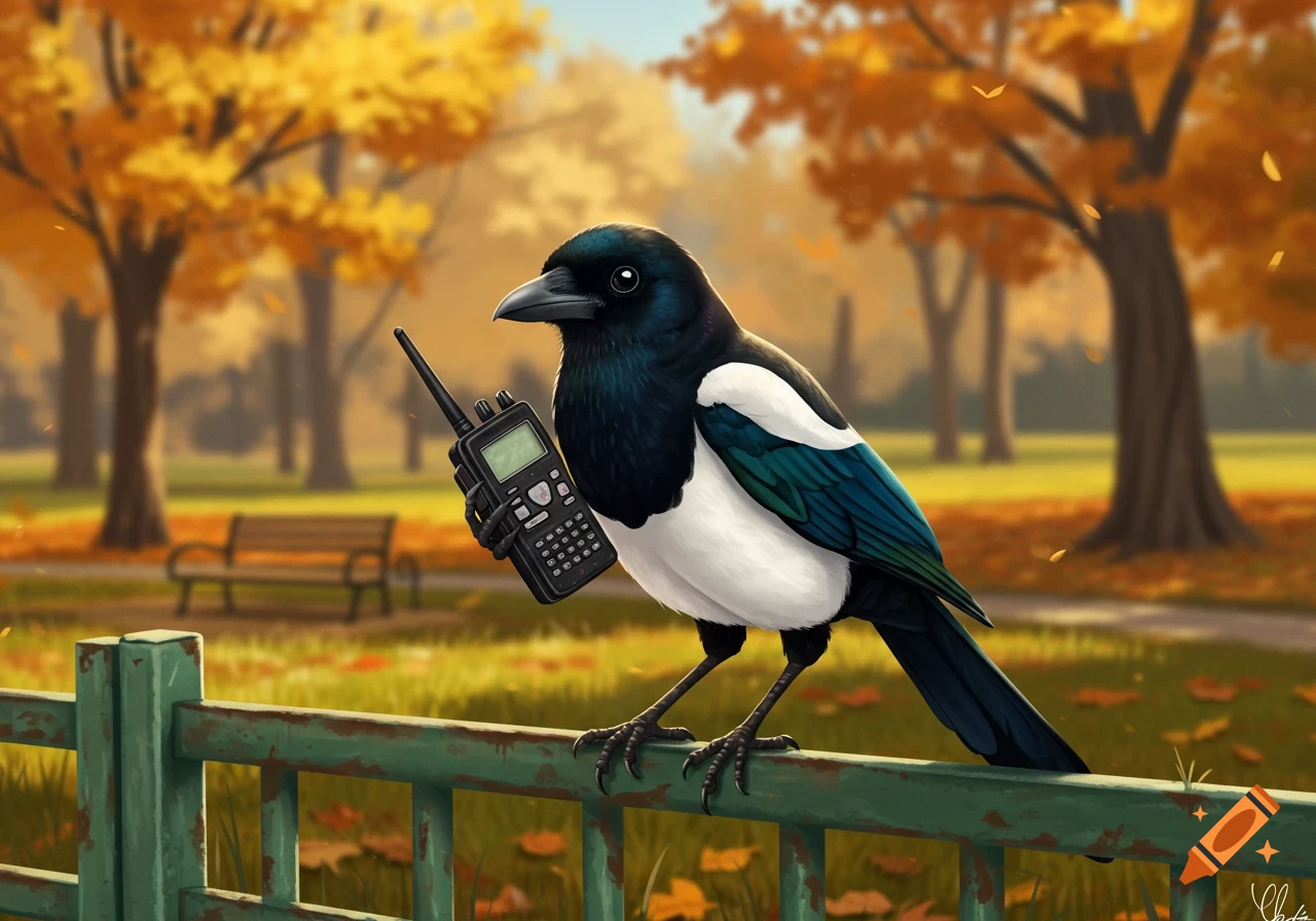 A black and white magpie bird holding a walkie-talkie, perched on a green fence in an autumn park.