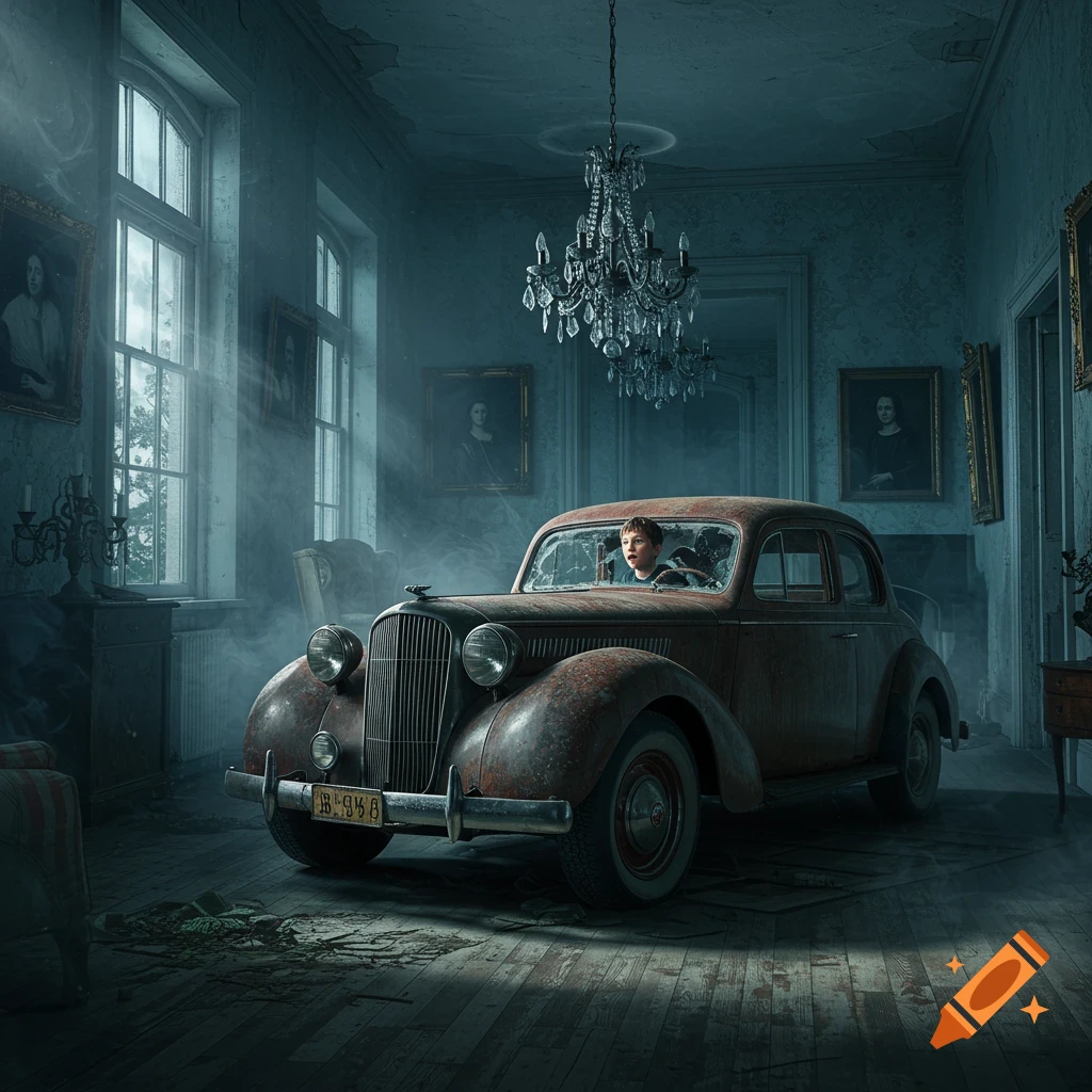 A young boy sits in a rusted vintage car inside a dilapidated, dust-filled mansion with chandeliers and windows.