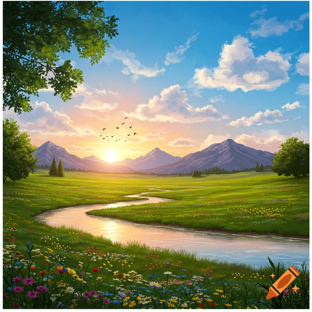 Vibrant digital painting of a winding river through a flowery green meadow towards mountains at sunset under a blue sky.