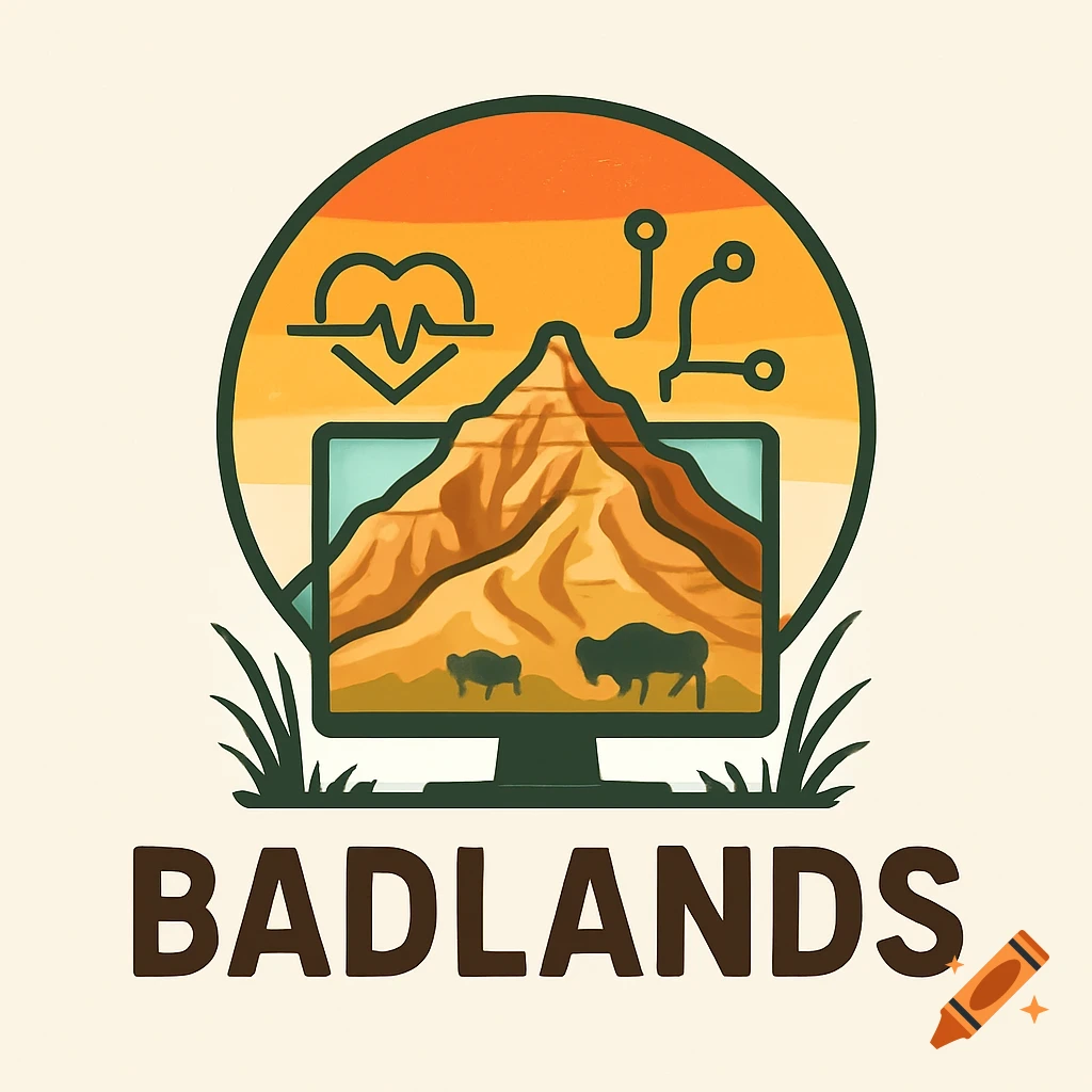 A stylized logo featuring a mountain and bison within a computer monitor, set against a sunset, with heartbeat and circuit symbols. The word BADLANDS is below.