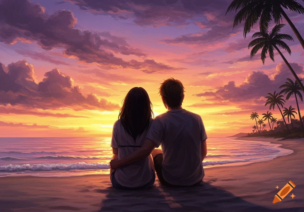 A man and woman sit on a beach, watching a vibrant orange and purple sunset over the ocean, with palm trees on the right, in an illustrative style.