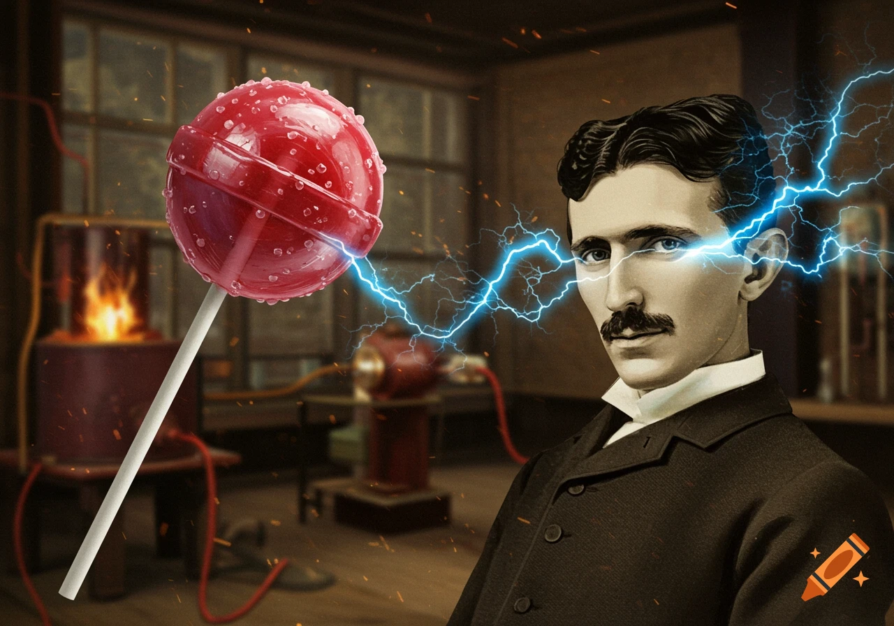 A stylized portrait of Nikola Tesla with bright blue electricity arcing from his eyes and ear to a giant red lollipop.