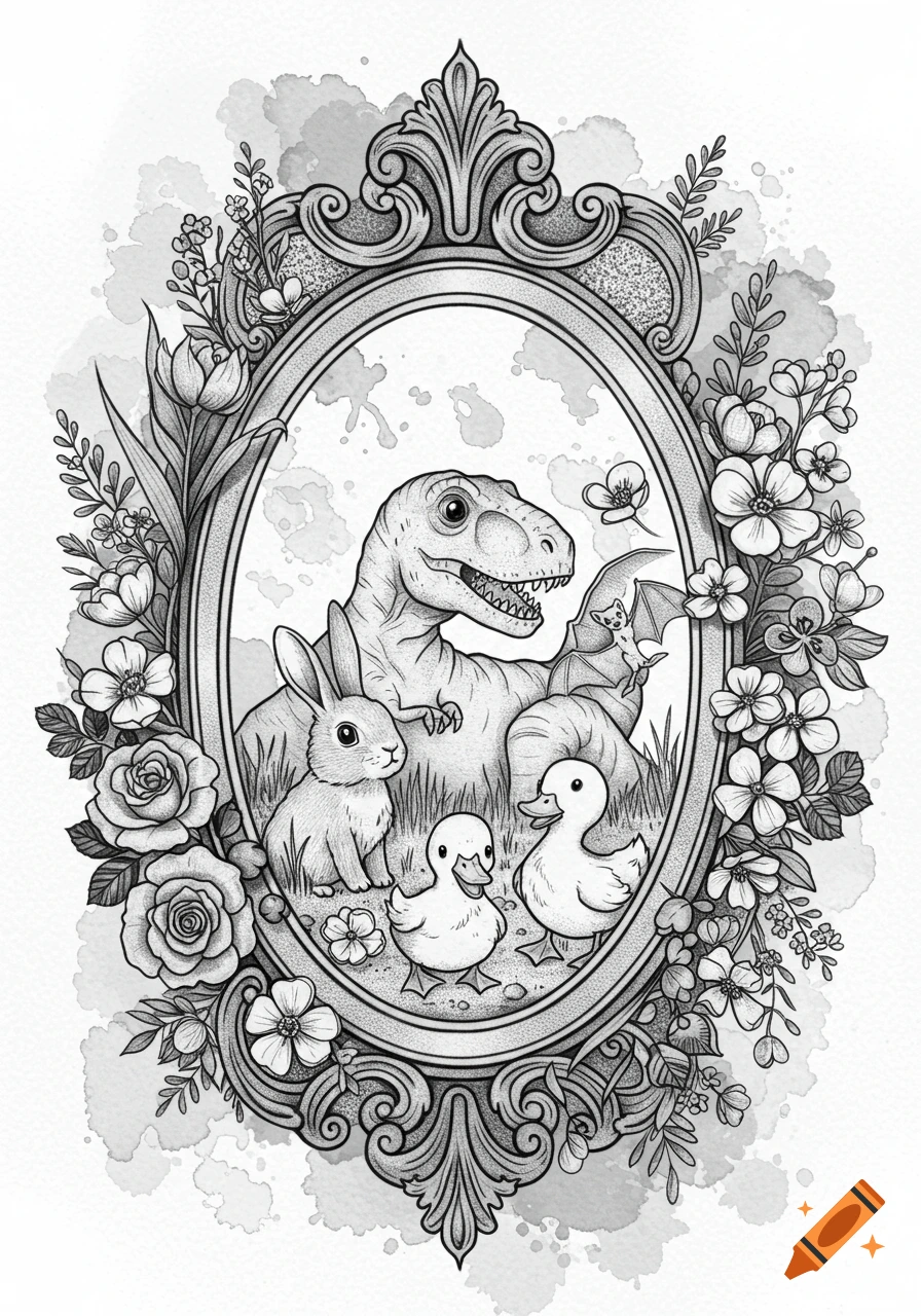 Black and white illustration of a cute dinosaur, bunny, two ducklings, and a bat in an ornate oval frame with flowers.
