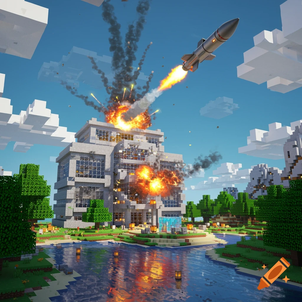 A missile hits a blocky Minecraft-style building with large explosions, smoke, and debris in a detailed landscape with water and trees.