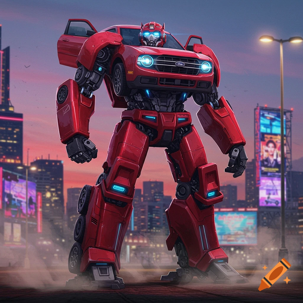 A red Ford Maverick transformer in robot mode stands in a city at dusk, with blue glowing accents.