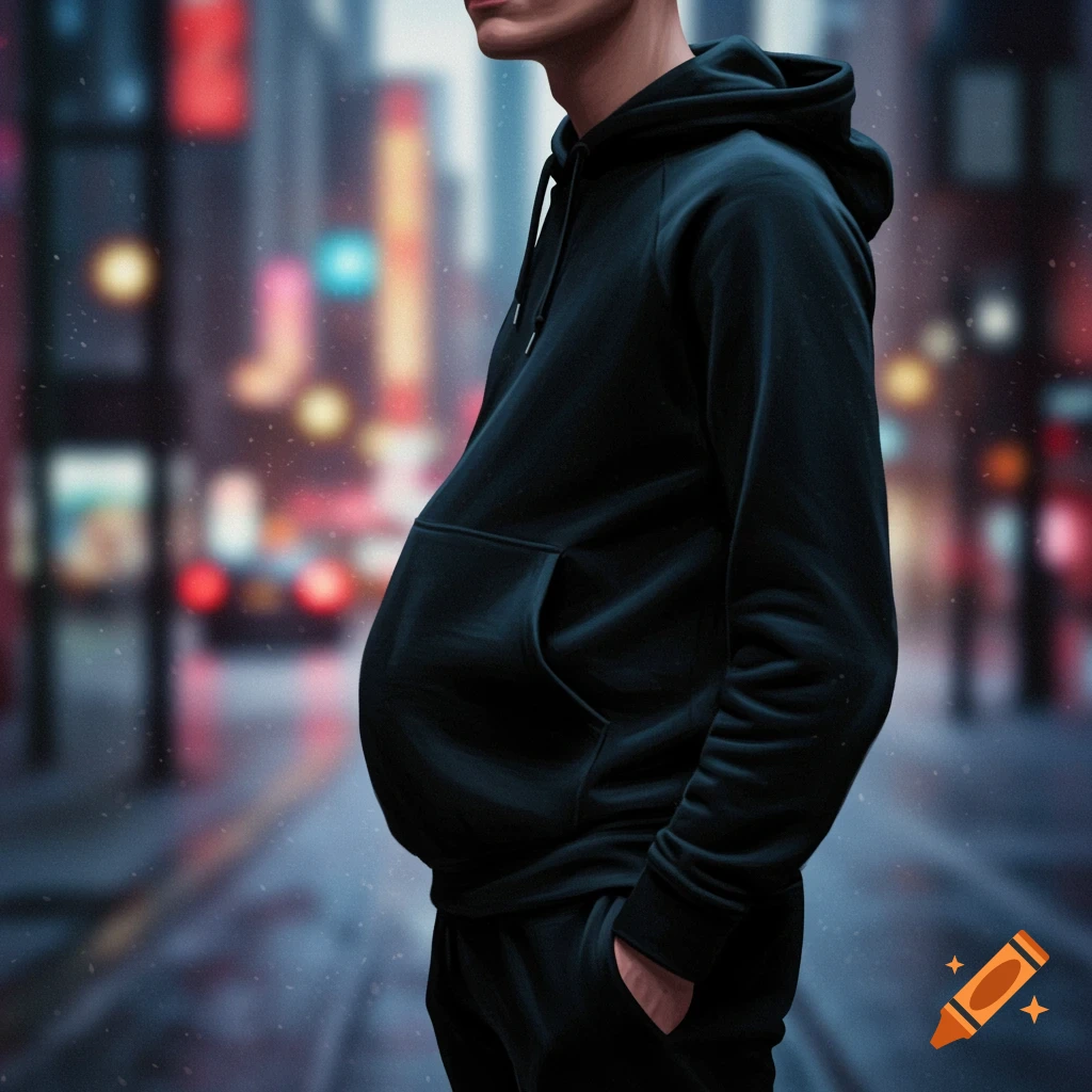 A man in a black hoodie and jogging bottoms with a prominent belly stands on a blurry city street at night.