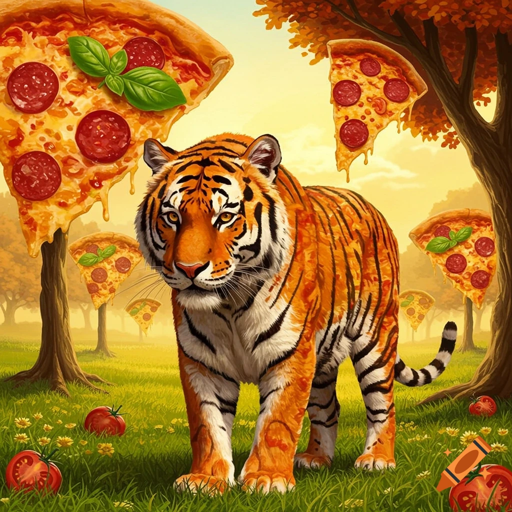 A realistic tiger stands in a field with floating pepperoni pizza slices hanging from trees and tomatoes on the ground, under a golden sky.