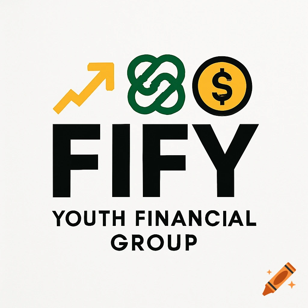 A modern logo for 'FIFY Youth Financial Group' with an upward arrow, a linked chain symbol, and a dollar coin on a white background.