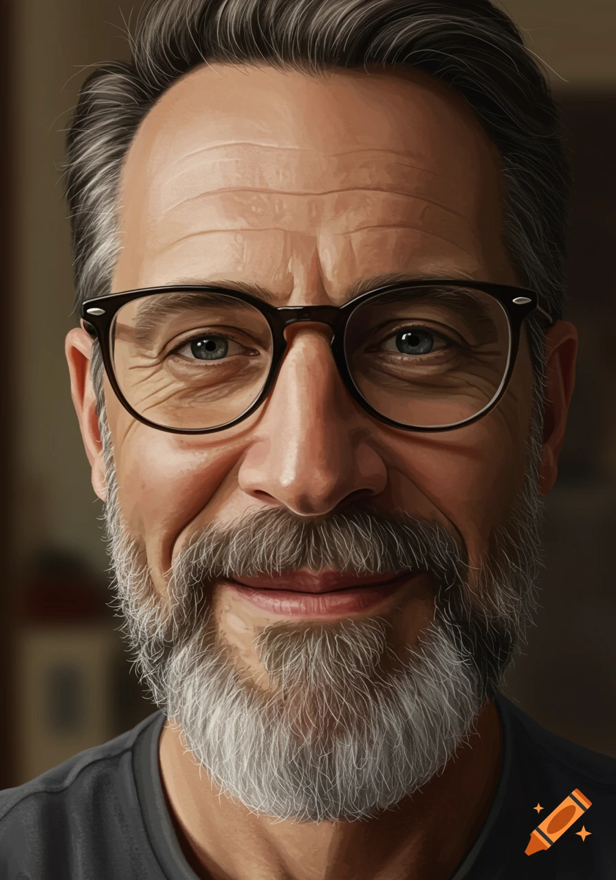 Close-up digital painting of a smiling man with a gray beard and glasses looking directly at the viewer.