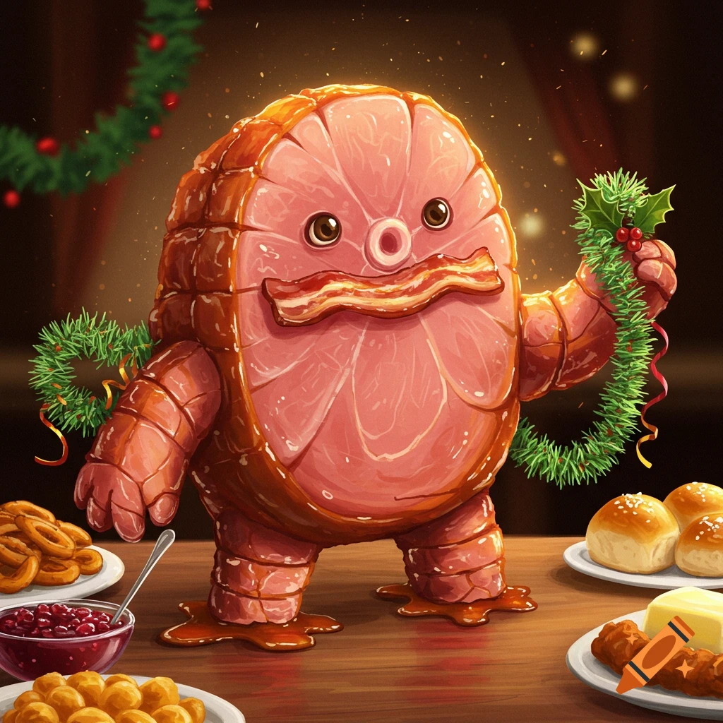A cartoon monster made of a glazed ham, with bacon for a mustache, holding a Christmas garland, standing on a table with other food.