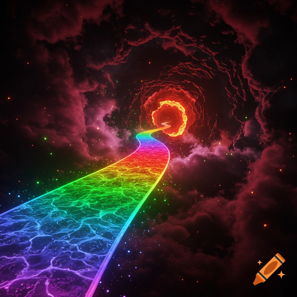 A vibrant rainbow path of rippling liquid leads through dark, red-tinged cosmic clouds towards a fiery orange portal.