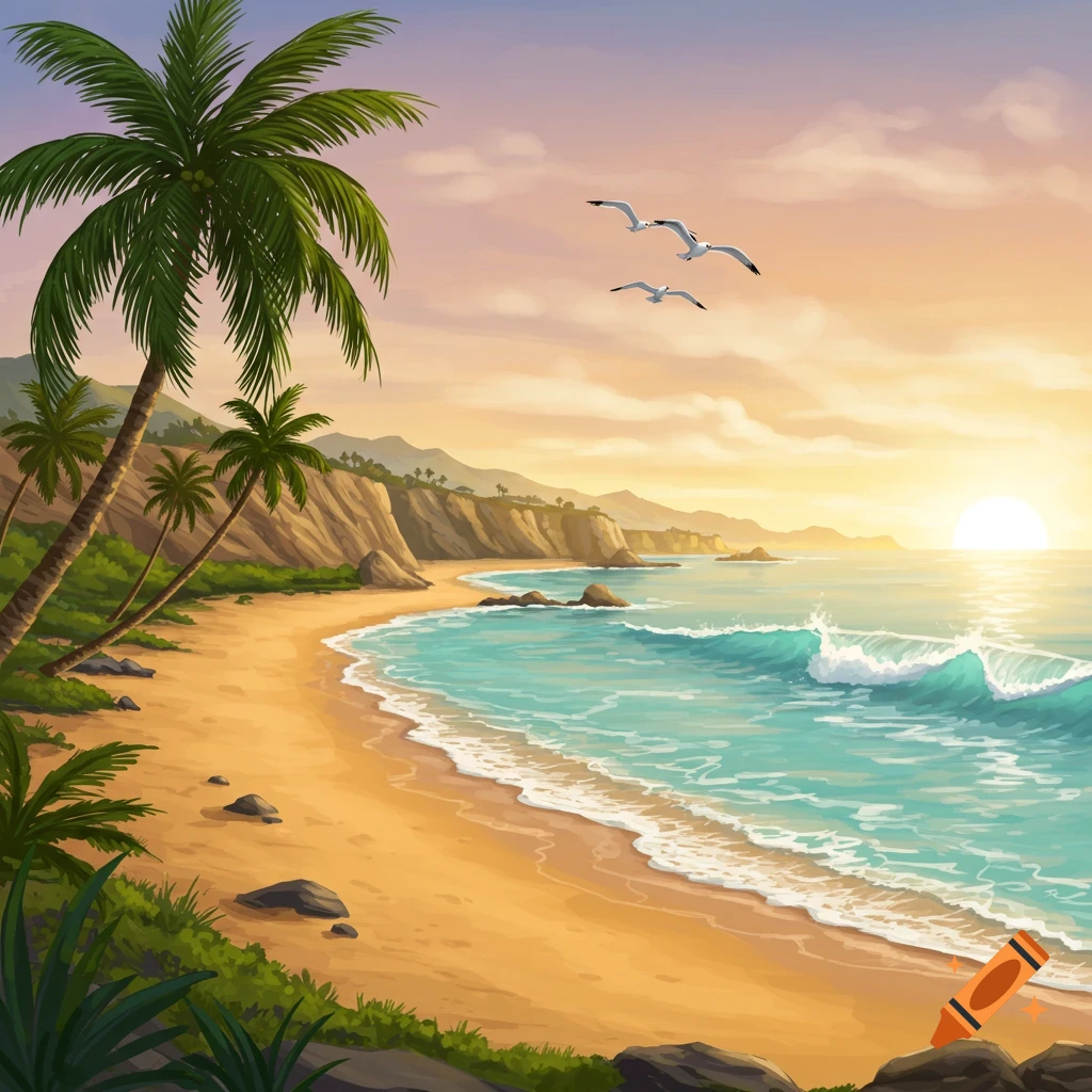 Colorful illustration of a tropical beach at sunset with palm trees, waves, cliffs, and seagulls.