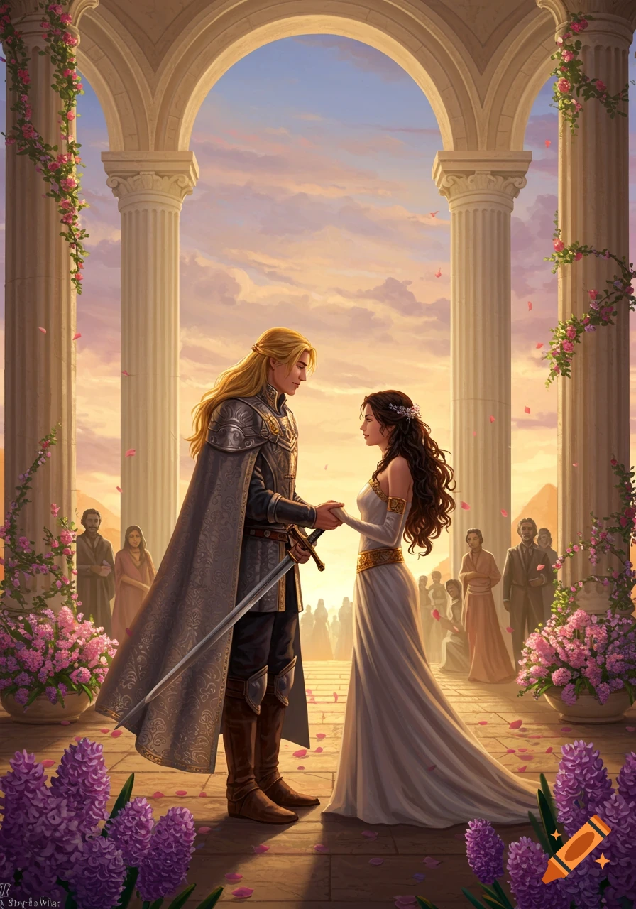 A golden-haired knight and a dark-haired woman in a white gown hold hands under an archway adorned with flowers, at sunset.