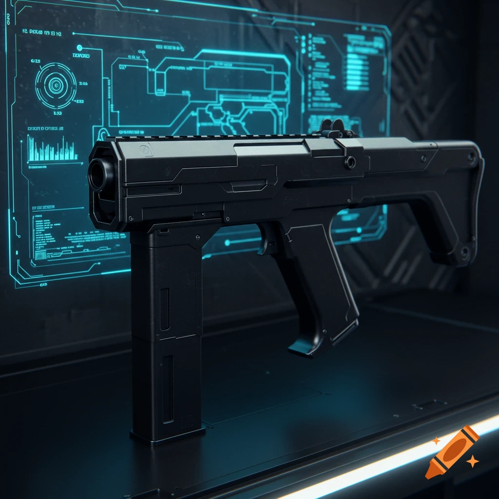 A jet black submachine blaster sits on a dark surface in front of a glowing blue holographic display with data.