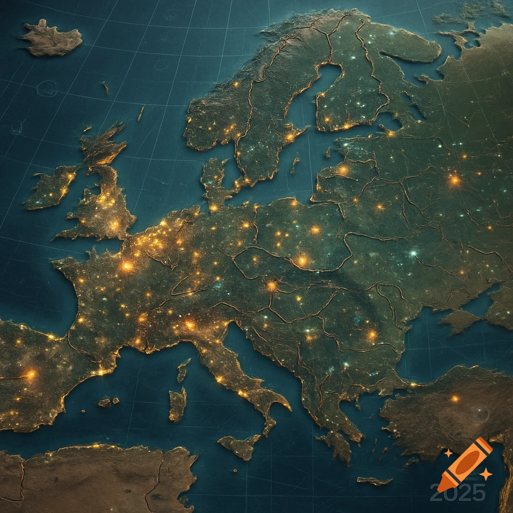 A stylized, illuminated map of Europe at night with city lights, showing the year 2025 in the bottom right corner.