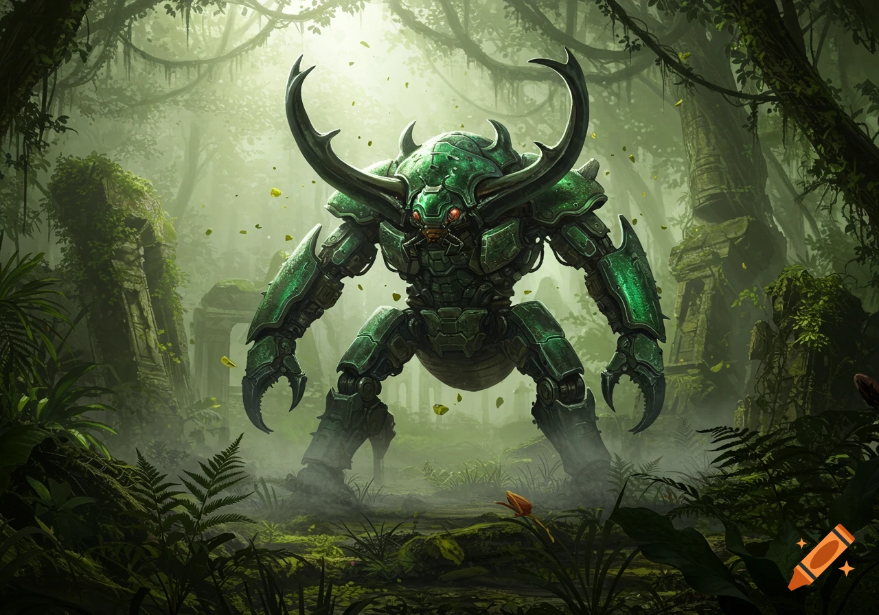 A large green robotic beetle stands in a misty, overgrown jungle with ancient ruins. Detailed sci-fi art.