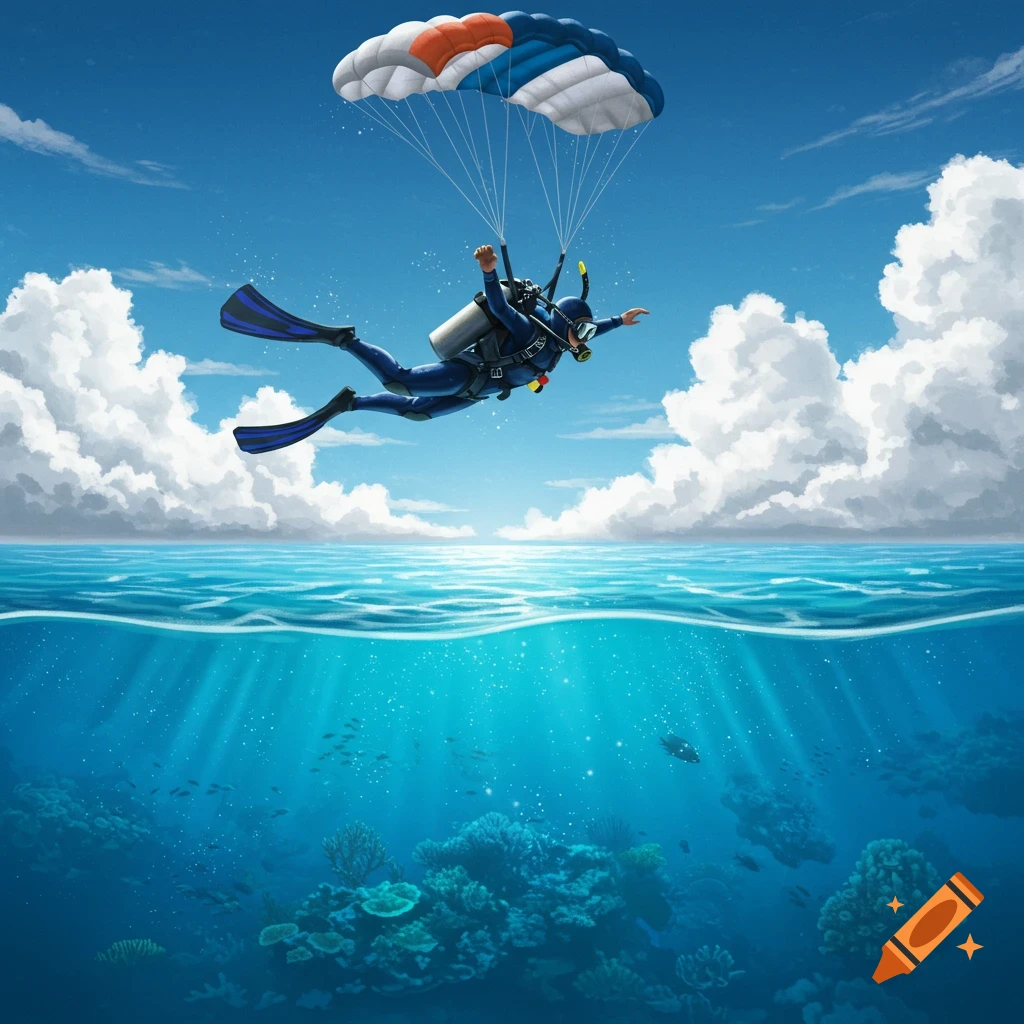 A skydiver in a wetsuit and mask descends with a parachute over the ocean, revealing a vibrant coral reef and fish underwater.