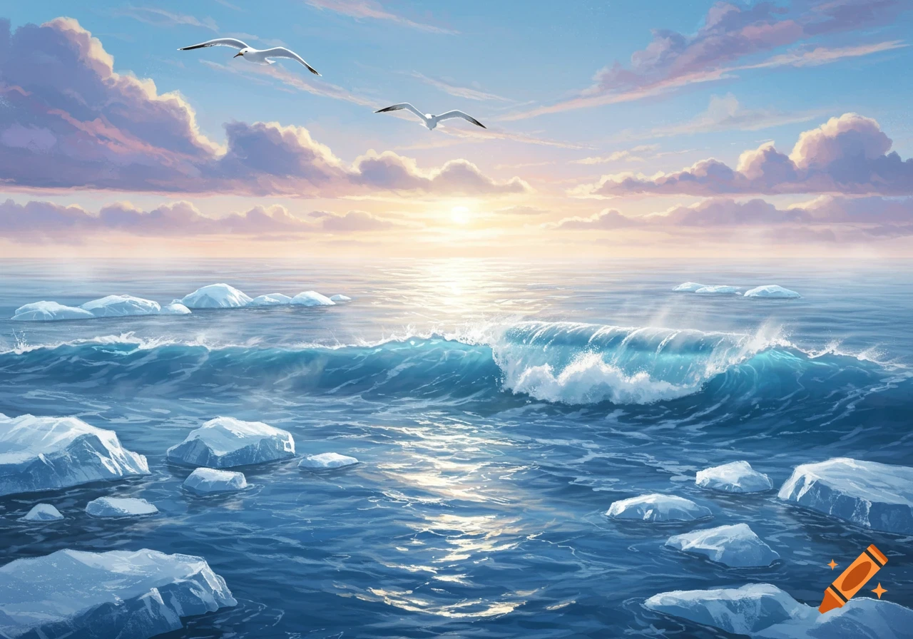 A vibrant seascape painting with icebergs, a large wave, two gulls flying, and a colorful sunset sky.