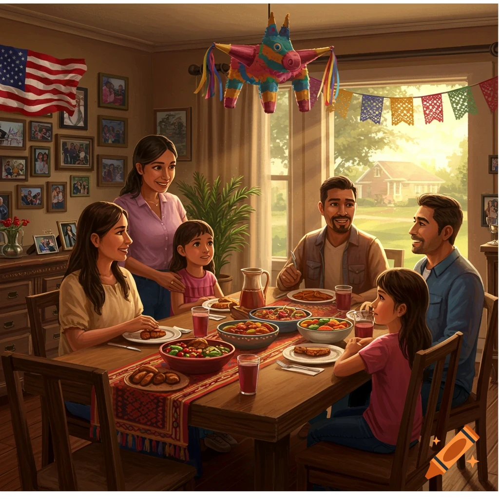 A family of five, including two adults and three children, gathers around a dining table filled with food, under a colorful pi ̃ata and decorations, with an American flag on the wall, in a warm, illustrative style.
