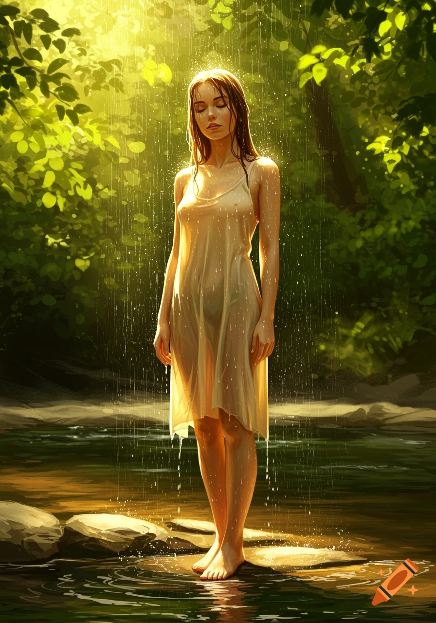 A woman in a wet, sheer dress stands barefoot in a sunlit stream amidst lush green foliage.