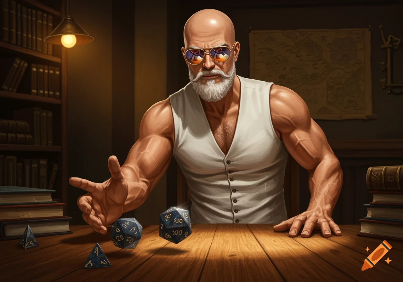 A muscular bald man with a white beard and sunglasses rolls D&D dice on a wooden table in a library.