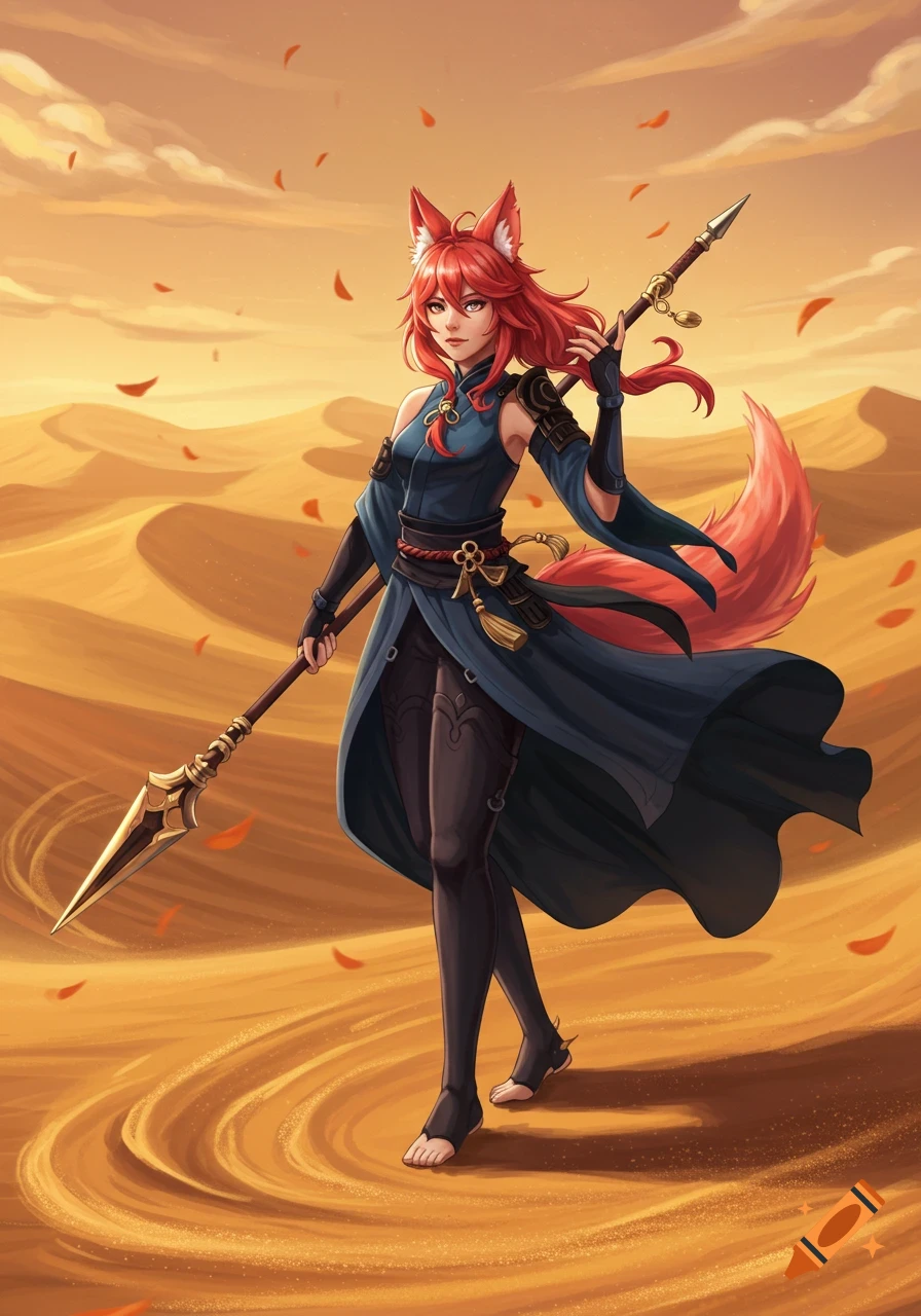 A red-haired female character with fox ears and a spear stands in a desert with sand dunes, in an anime art style.