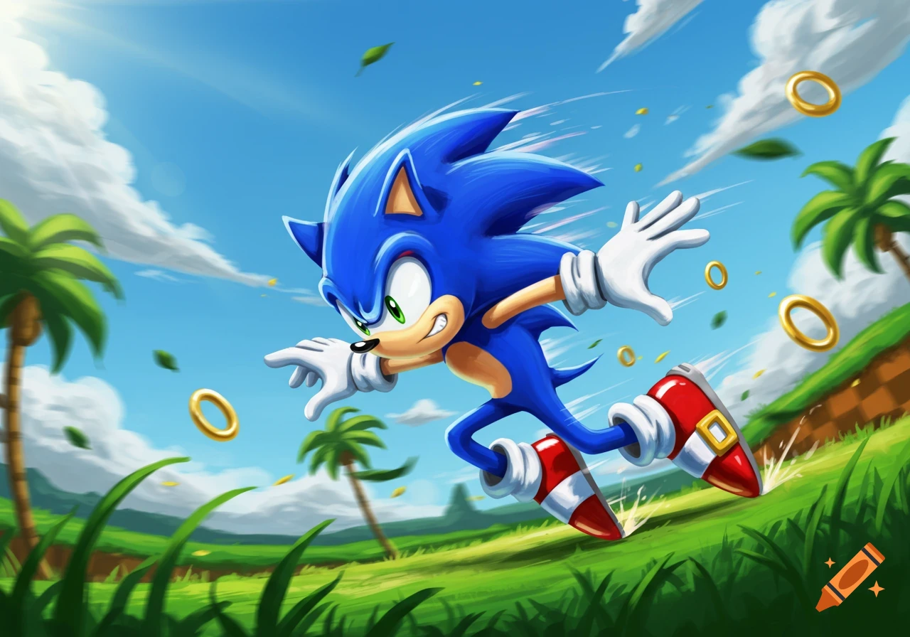Sonic the Hedgehog speeds across a vibrant green hill with palm trees and golden rings under a bright blue sky.