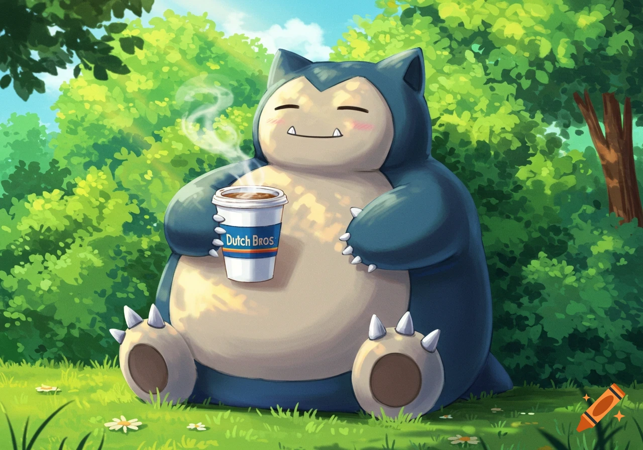 A happy Snorlax sitting in a sunny, grassy field holding a steaming Dutch Bros coffee cup in a cartoon style.