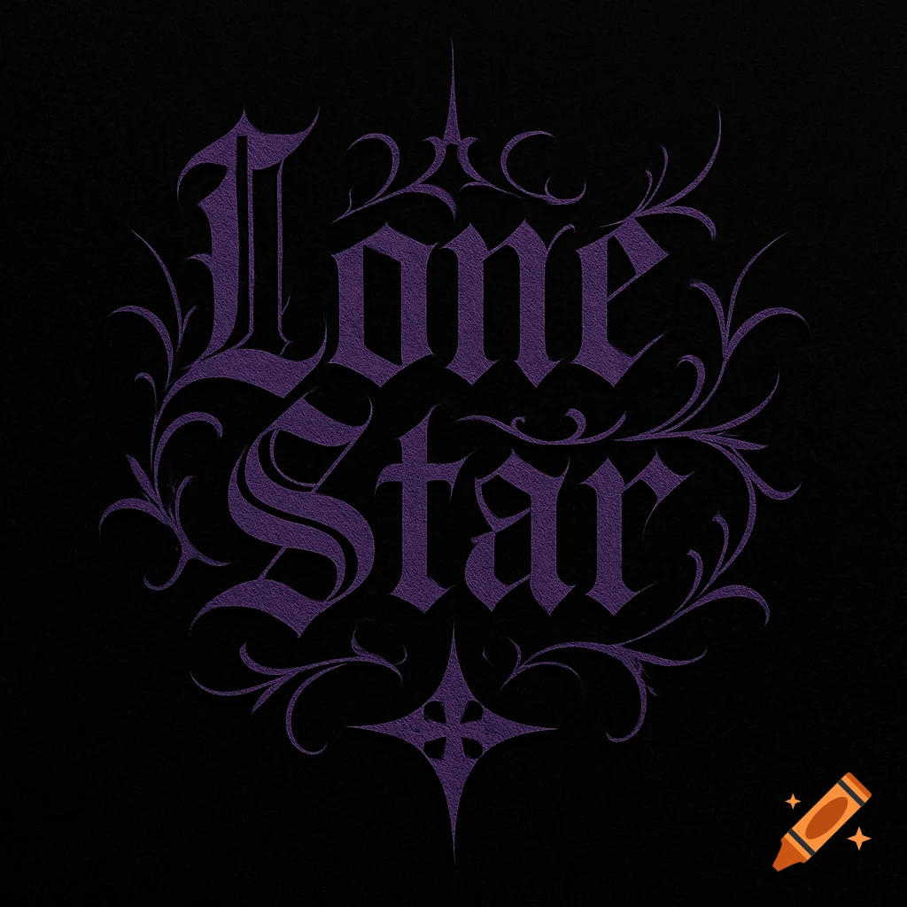 A gothic style logo with 'Lone Star' in purple script and ornate designs on a black background.