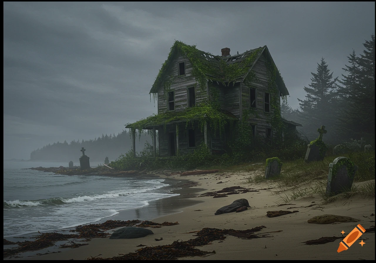 An abandoned, vine-covered wooden house stands on a dark sandy beach under an overcast sky, with gravestones scattered nearby along a misty coastline.