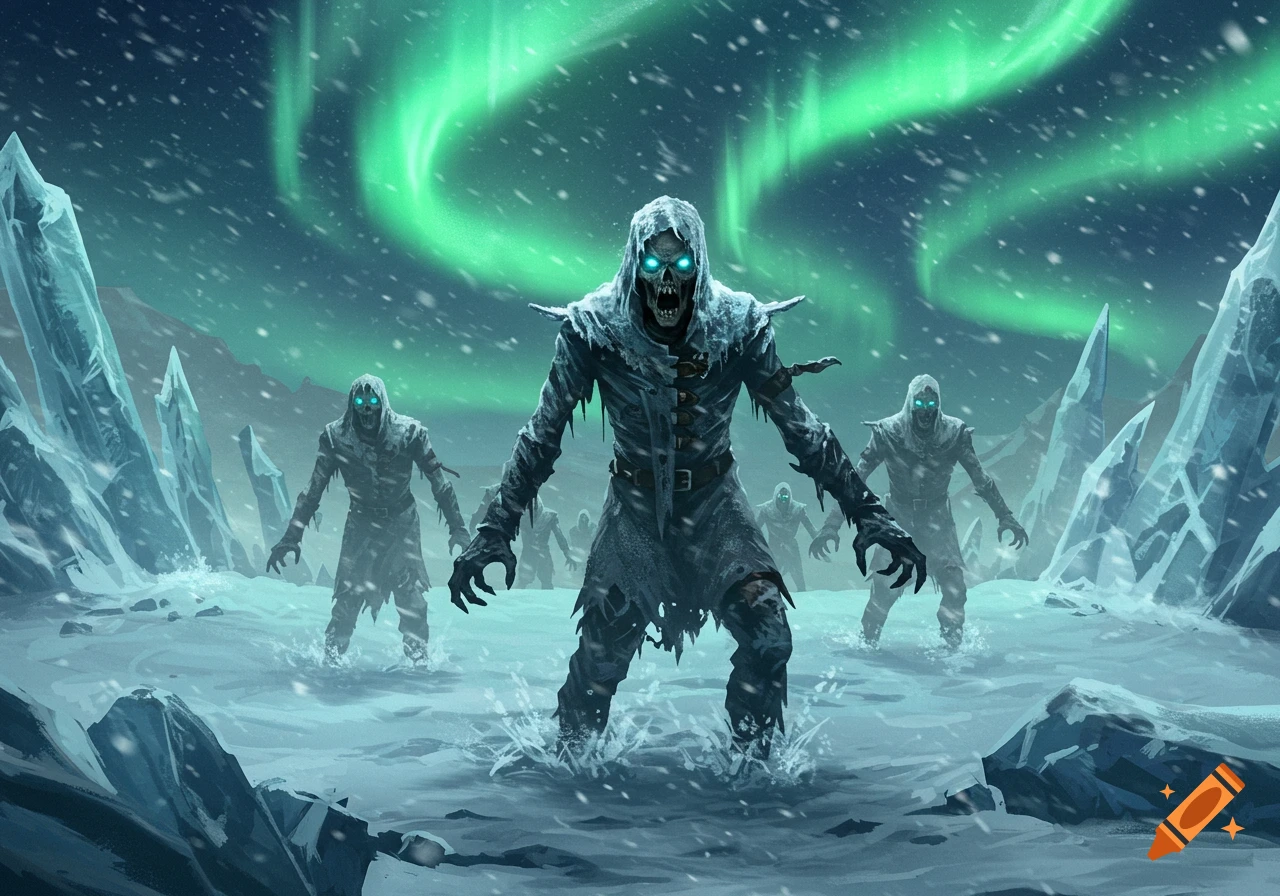 Zombie-like ice agents with glowing eyes advance through a snowy landscape under a vibrant green aurora.