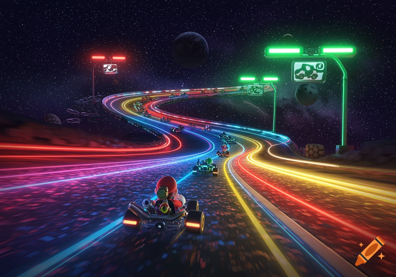 Mario, in a kart, races on a vibrant, glowing Rainbow Road through a starry space with other racers.