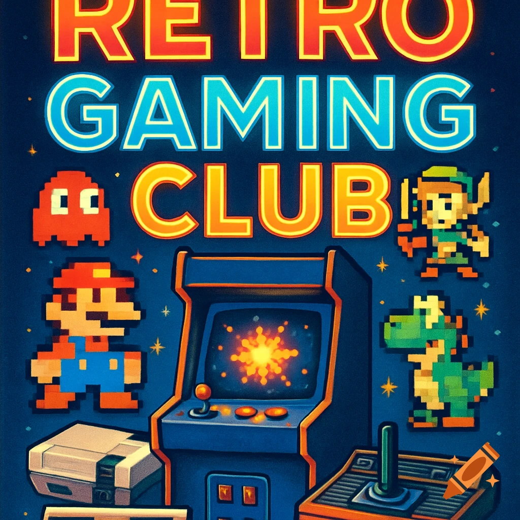 A retro gaming club poster with pixel art characters like Mario, Link, Pac-Man, and Yoshi surrounding an arcade machine and consoles, on a dark blue background.