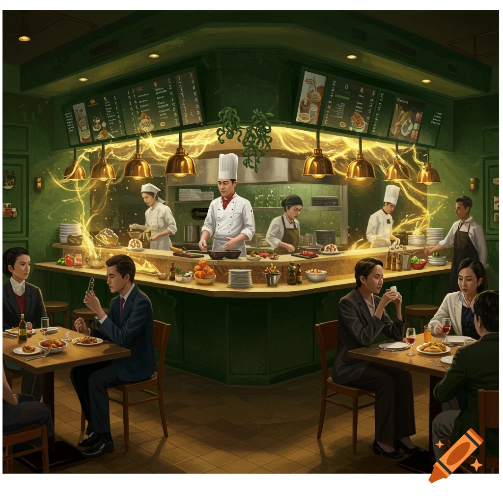 A vibrant, stylized restaurant with an open kitchen where chefs prepare food and customers dine at tables.