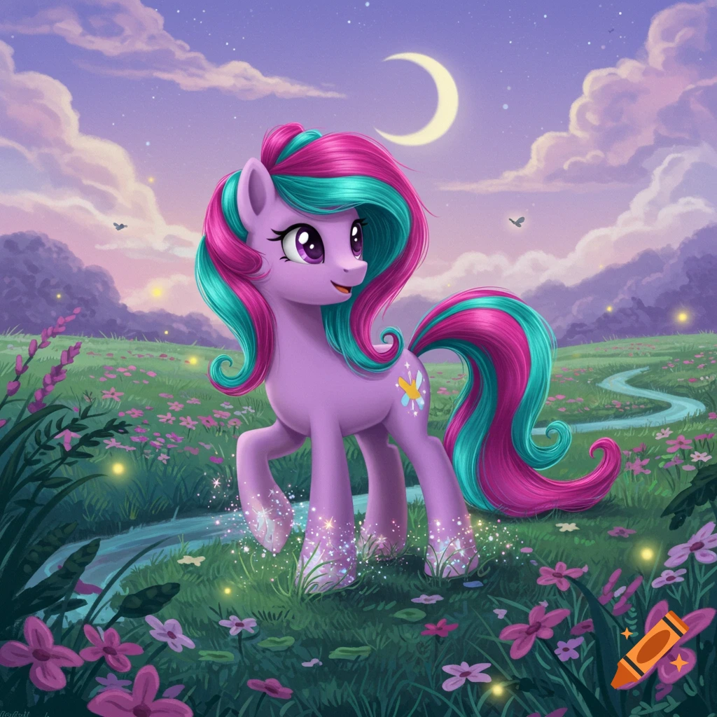 A cartoon purple pony with pink and teal hair stands in a moonlit, flowery field beside a stream. It has glittery hooves.